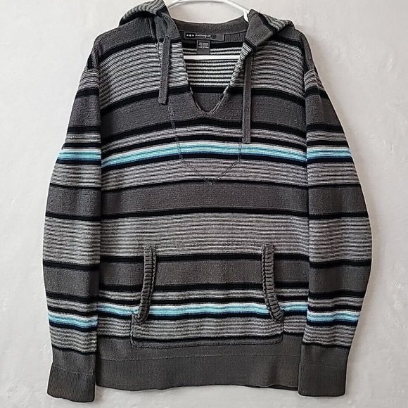 Retrofit Men's Knit Hoodie Hooded Sweater Size Large Gray Blue Striped FLAWED - Picture 1 of 13